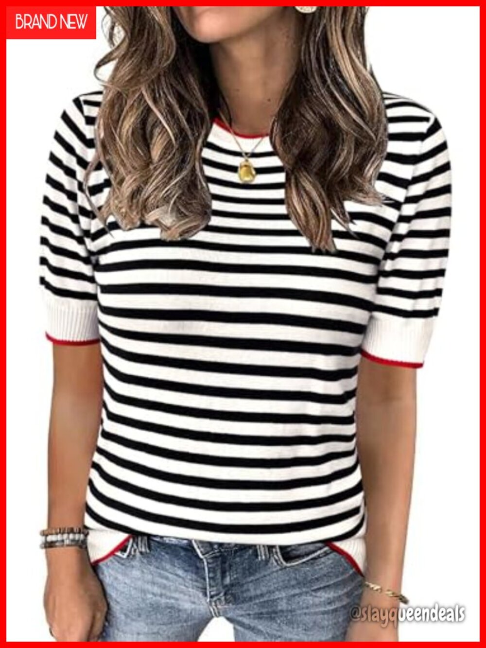 Womens Summer Striped Knit Top Short Sleeve Crewneck Casual Tunic